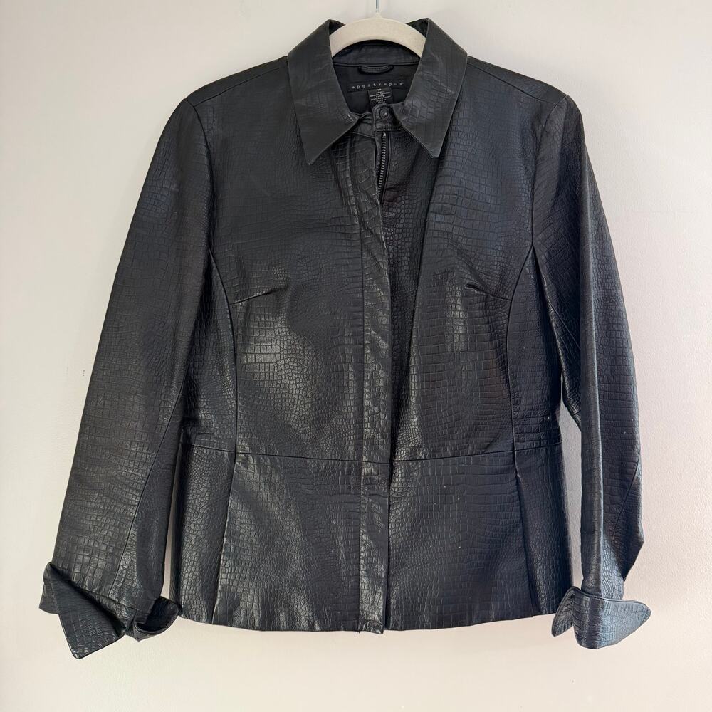 Vtg Apostrophe 100%‎ Genuine Leather Croc Embossed Zip Up Jacket Sz 10 90s Y2K